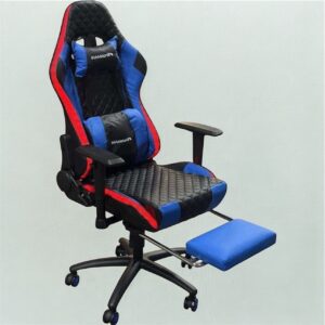 Silla Gamer Titanium Azul con diseño ergonómico, cojines lumbar y cervical, respaldo reclinable y tapizado en eco-cuero azul sobre base metálica reforzada. Si quieres otro estilo (más técnico, más simple o más descriptivo), te hago más versiones.